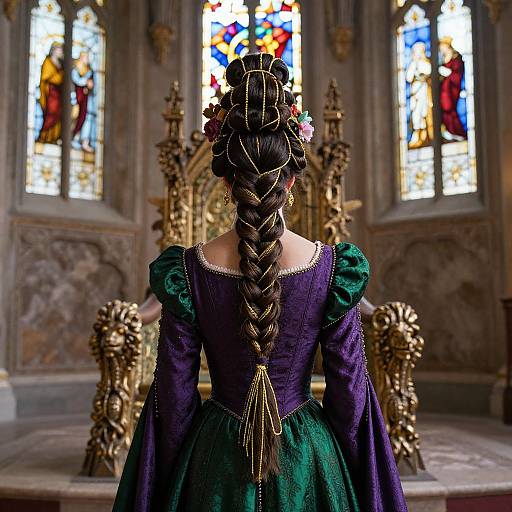 Photograph of a woman with intricate braided hair, wearing a purple and green Renaissance-style dress, standing before a gold throne in a church with colorful