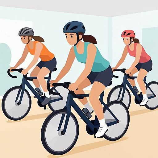 Digital illustration of three women cycling in line, wearing helmets, sleeveless tops, and shorts, on a paved path with a white-to-beige gradient
