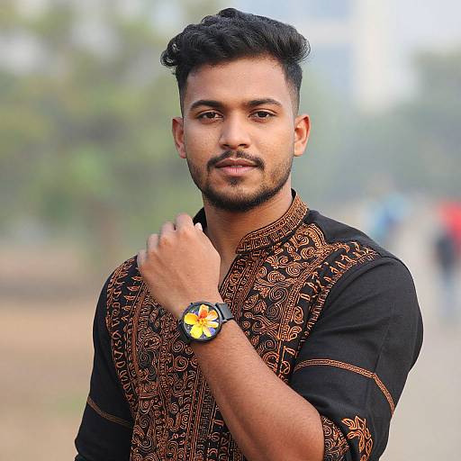 Photograph of a young South Asian man with short, styled black hair, beard, wearing a black embroidered shirt, yellow flower watch, standing outdoors with