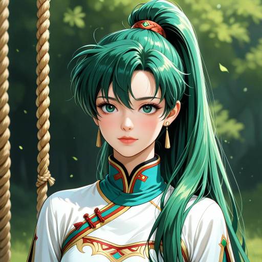 Elegant Green-Haired Girl with Rope