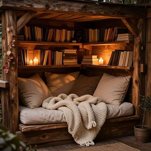 Photograph of a cozy wooden bookshelf nook with beige pillows, a knitted beige blanket, and warm candlelight illuminating books.