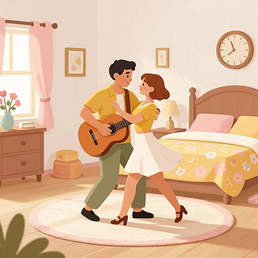 Illustration of a dancing couple in a sunlit bedroom, man with guitar, woman in white dress, warm colors, clock on wall.