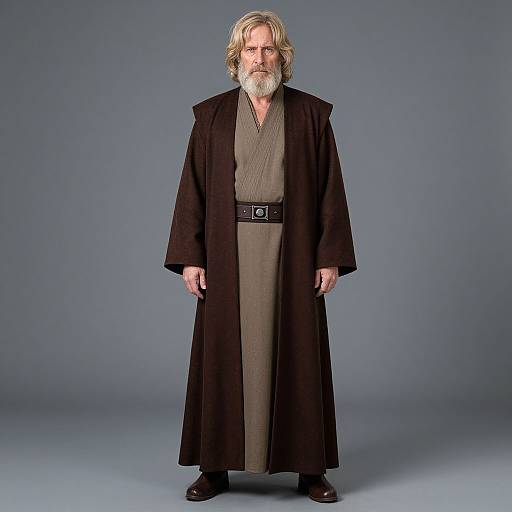 Photograph of an older man with a white beard, wearing a long black robe over a brown tunic, black belt, and black boots, standing