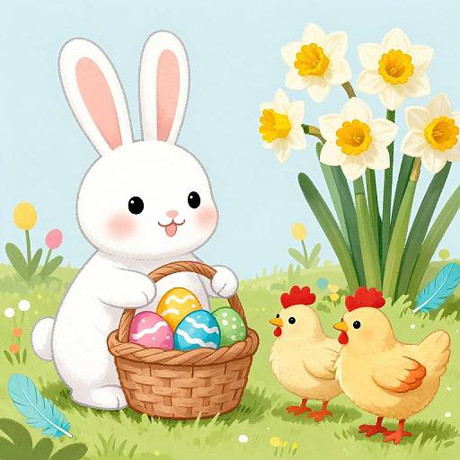 Cute Easter Bunny with Colorful Chickens