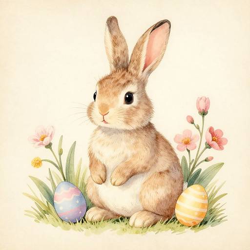 Digital illustration of a cute, brown and white rabbit with black eyes, sitting on grass, surrounded by colorful Easter eggs and pink flowers.