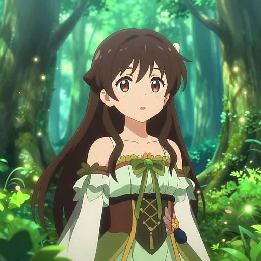 Anime-style digital illustration of a young girl with long brown hair, wearing a white off-shoulder dress with green ribbon, standing in a vibrant,