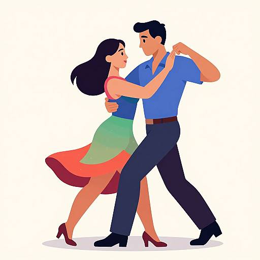Digital illustration of a dancing couple; woman in green skirt and red top, black-haired man in blue shirt and black pants.