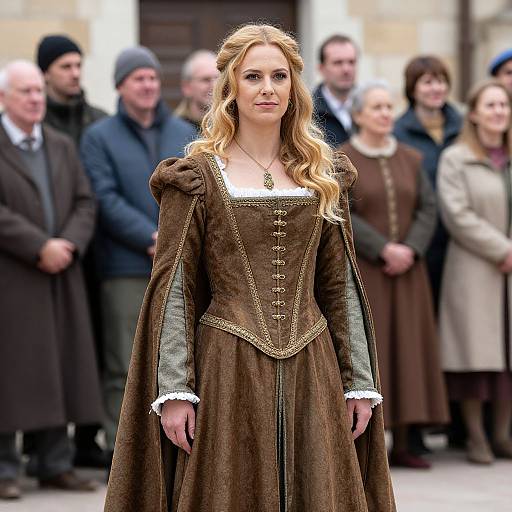 Photograph of a blonde woman with wavy hair, wearing a brown, medieval-style gown with gold trim, standing in front of a blurred group of