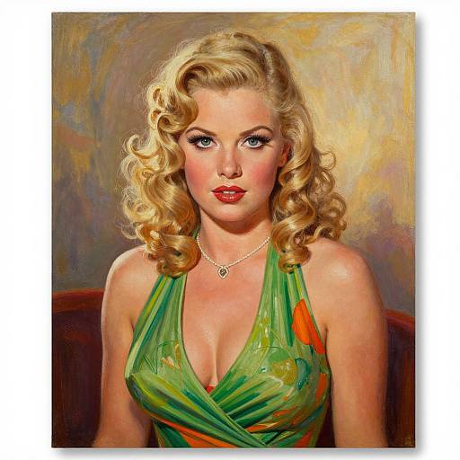 Digital painting of a blonde, blue-eyed woman with curly hair, wearing a green halter dress with orange accents, and a pearl necklace, against a