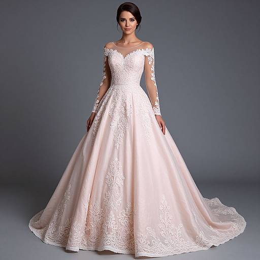 Photograph of a fair-skinned woman with dark hair in an off-shoulder, white lace wedding gown with long sleeves and a full, flowing