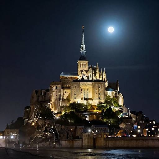 Photograph of Notre-Dame de Paris illuminated at night under a full moon, with glowing lights highlighting Gothic architecture against a dark sky.