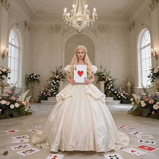 Photograph of a blonde woman in a white, ornate ball gown, holding a card with a heart, standing in an elegant, chandelier-l