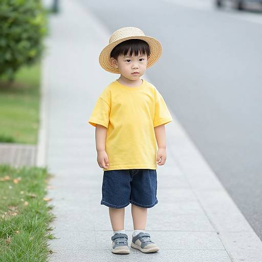 Young Boy in Yellow Shirt and Straw Hat