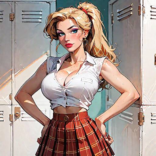 Blonde Woman in Plaid Skirt with Hands on Hips