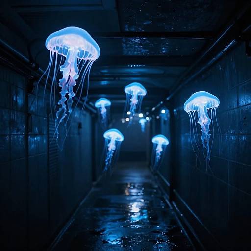 Photograph of glowing blue jellyfish in a dark, narrow, wet tunnel with reflective surfaces, creating an underwater-like atmosphere.