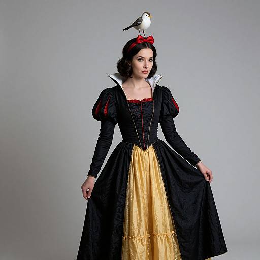 Photograph of a fair-skinned woman in a black and yellow Snow White costume with a red bow, black bird on her head, against a plain