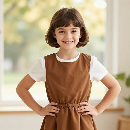 Photograph of a smiling young girl with straight brown hair, wearing a brown pinafore dress over a white shirt, standing indoors with hands on hips