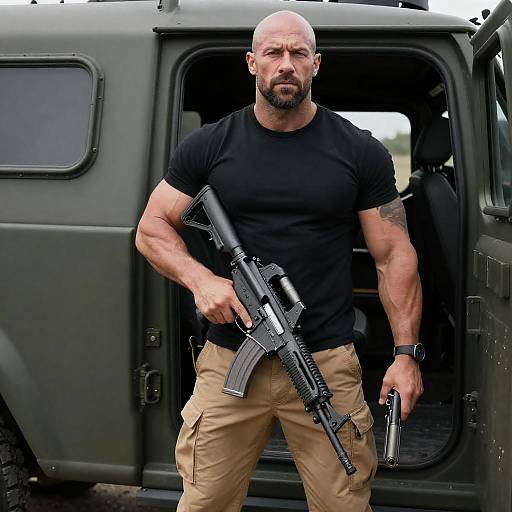 Bald Muscular Man with Rifle and Pistol