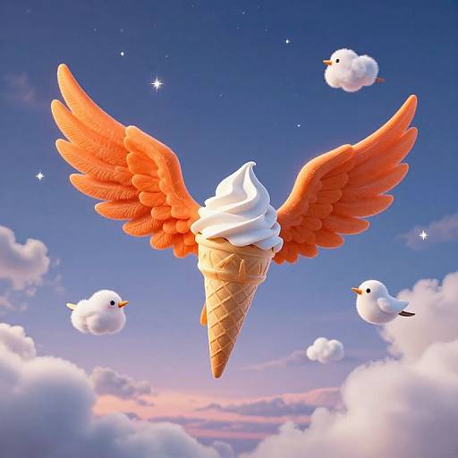 Digital illustration of an orange-winged ice cream cone with white swirl, flying above a blue sky with fluffy clouds and small white birds.