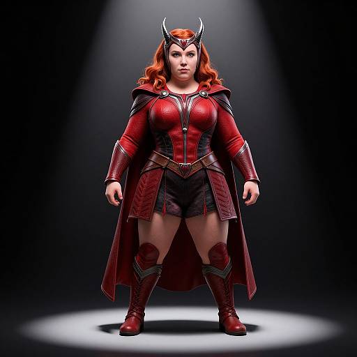 Photorealistic CGI of a curvy, red-haired woman in red devil-themed armor, standing confidently under spotlight, with dark background.