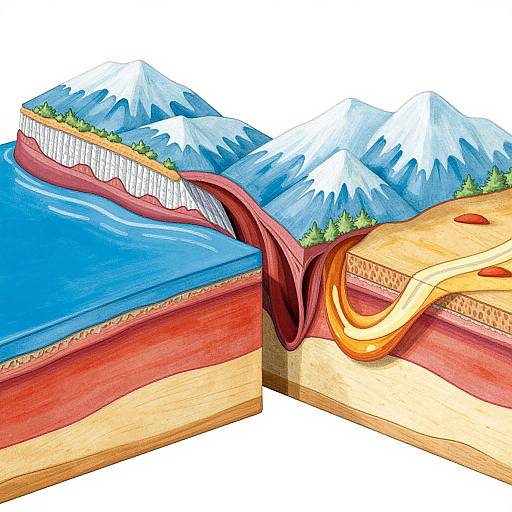 Illustration of a cross-sectional diagram showing mountains, blue water, and forest, with a yellow and red geological fault line.