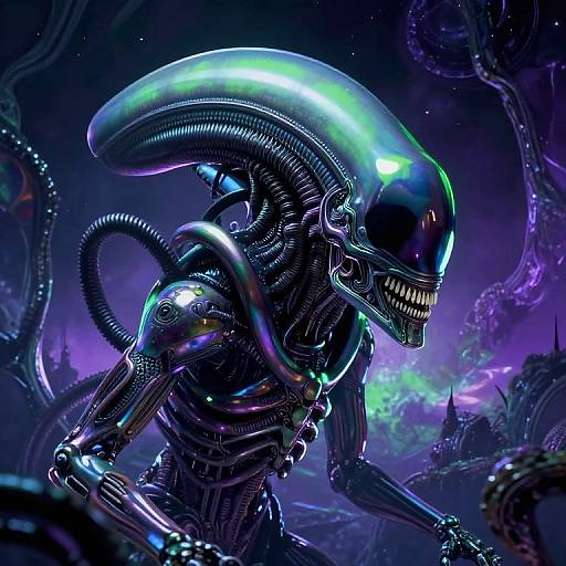 Digital artwork of a shiny, black, bioluminescent Xenomorph with a glowing green and purple head, sharp teeth, and intricate, co