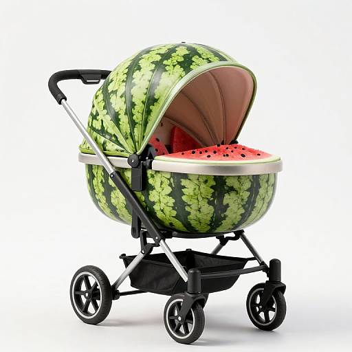 Photograph of a watermelon-patterned baby stroller with a watermelon slice canopy, black frame, and four wheels, set against a white background