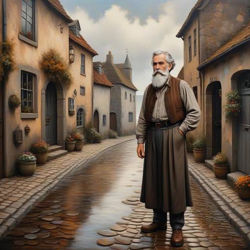 Elderly Man in Traditional European Village Street