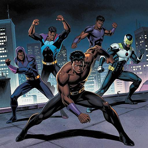 Comic-style illustration of five muscular superheroes in dynamic poses on a rooftop at night, with a city skyline background.