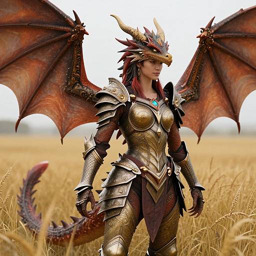 Photorealistic CGI of a female dragon warrior with red wings, golden armor, and a scaled tail standing in a golden field.