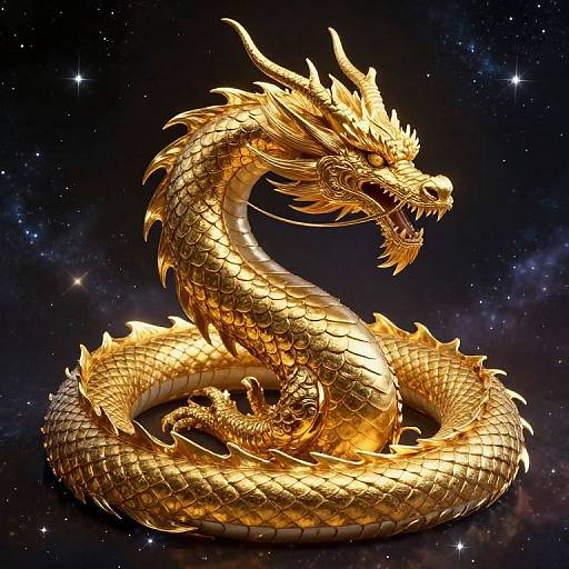 Digital artwork of a radiant, golden dragon with intricate scales and fierce expression, coiled in space with stars twinkling in the background.