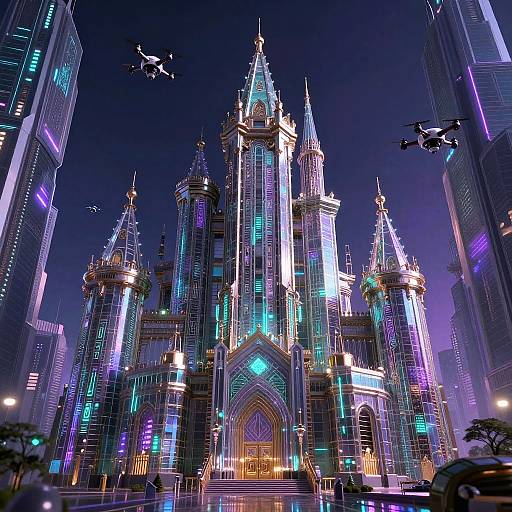 Holographic AI Castle in Cyberpunk City