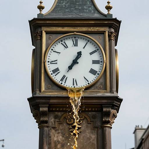 Photograph of a classical, ornate clock tower with a white face, black Roman numerals, and golden accents, showing water gushing from its