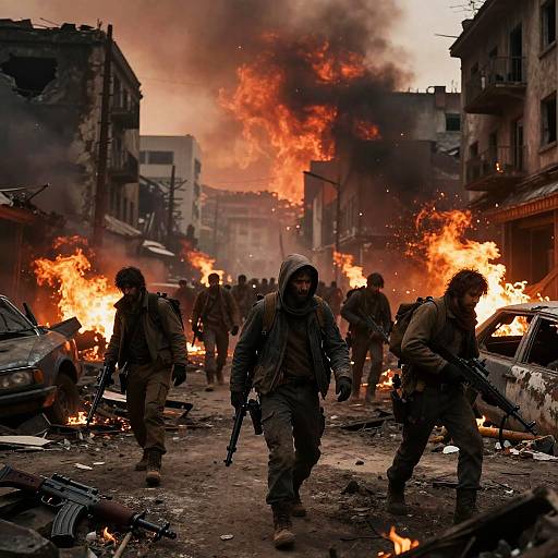 Photograph of soldiers in camouflage, armed and walking through a war-torn street, surrounded by intense orange flames and dark smoke. Ruined buildings and