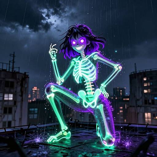 Glowing purple and green skeleton girl with neon eyes dances on rooftop in rain, cityscape background, dark night sky, digital art.