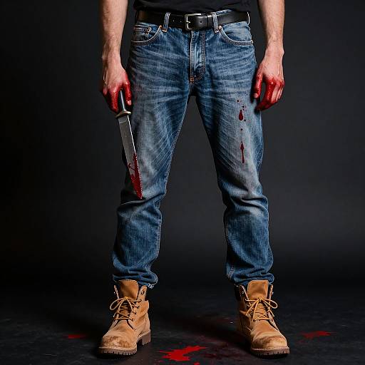 Person Holding Bloody Knife in Blue Jeans and Tan Boots
