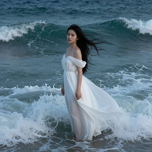 Photograph of an East Asian woman with long black hair, wearing a flowing white off-shoulder dress, standing in ocean waves.