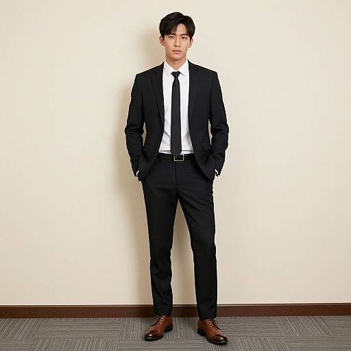 Photograph of an Asian man in a black suit, white shirt, black tie, brown shoes, standing against a plain white wall.