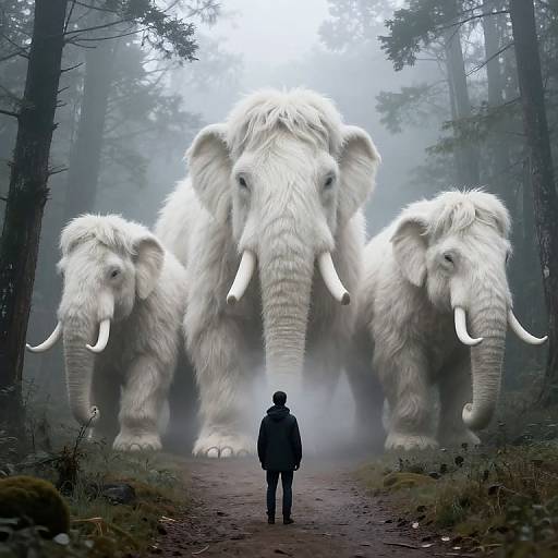 Photograph of a misty forest with a small figure in a black coat standing before three enormous, white woolly mammoths with long tusks