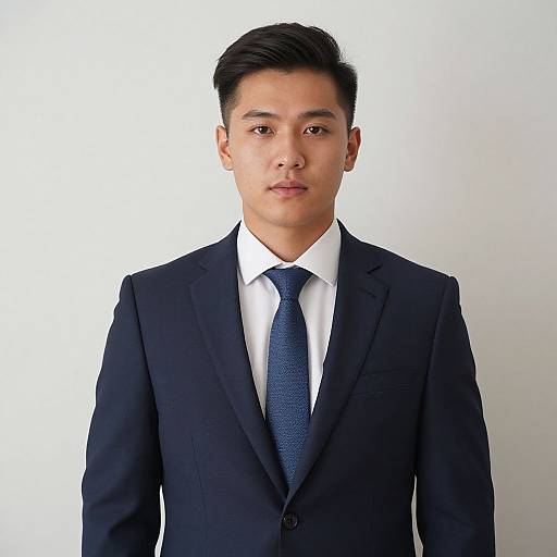 Photograph of an Asian man with short black hair, wearing a dark blue suit, white shirt, and blue patterned tie, against a plain white