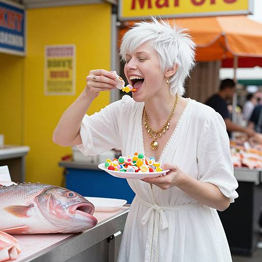 Photograph of a white-haired woman in a white dress, joyfully eating colorful candy from a plate, beside a fish at an outdoor market stall.
