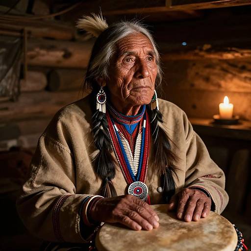 Photograph of an elderly Native American woman with long gray hair, wearing traditional beaded attire and feathers, playing a drum by candlelight in a wooden