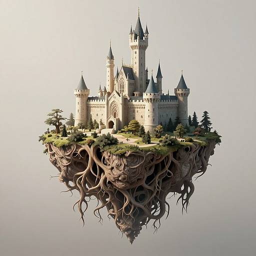 Digital artwork of a floating, medieval castle with intricate towers, surrounded by greenery and roots, hovering above a reflective, twisted surface.