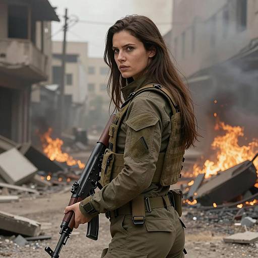 Dynamic Woman in War-Torn City Scene