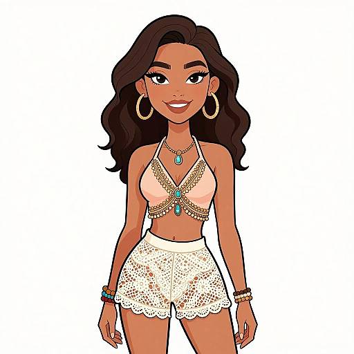 Digital illustration of a smiling, dark-skinned woman with wavy black hair, wearing a gold chain top, white lace skirt, large hoop earrings,