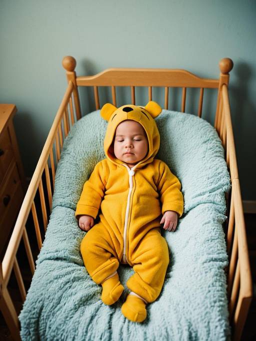 Newborn Baby in Pooh Costume Sleeping in Crib