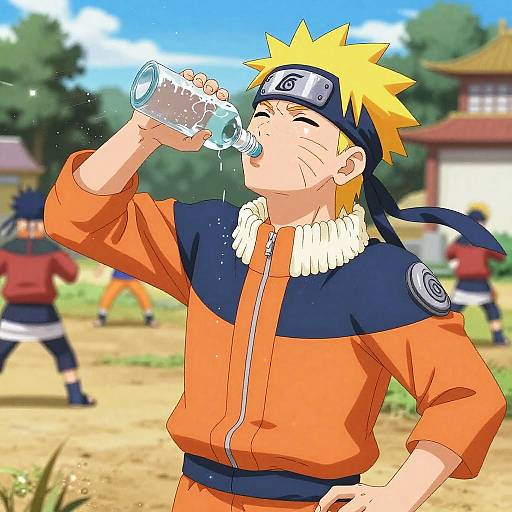Digital anime-style drawing of Naruto, drinking from a water bottle, wearing an orange ninja outfit with a blue headband, in a sunny village setting with