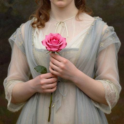 Photograph of a fair-skinned woman with wavy brown hair, wearing a sheer, lace-trimmed white gown, holding a single pink rose