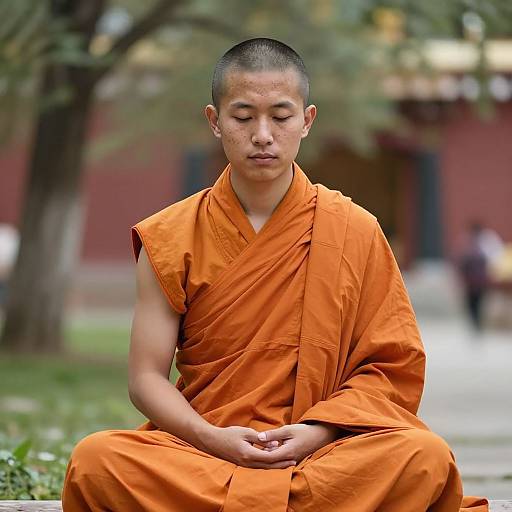 Photograph of a young male Buddhist monk with shaved head, closed eyes, and orange robe, sitting cross-legged in a serene outdoor setting.