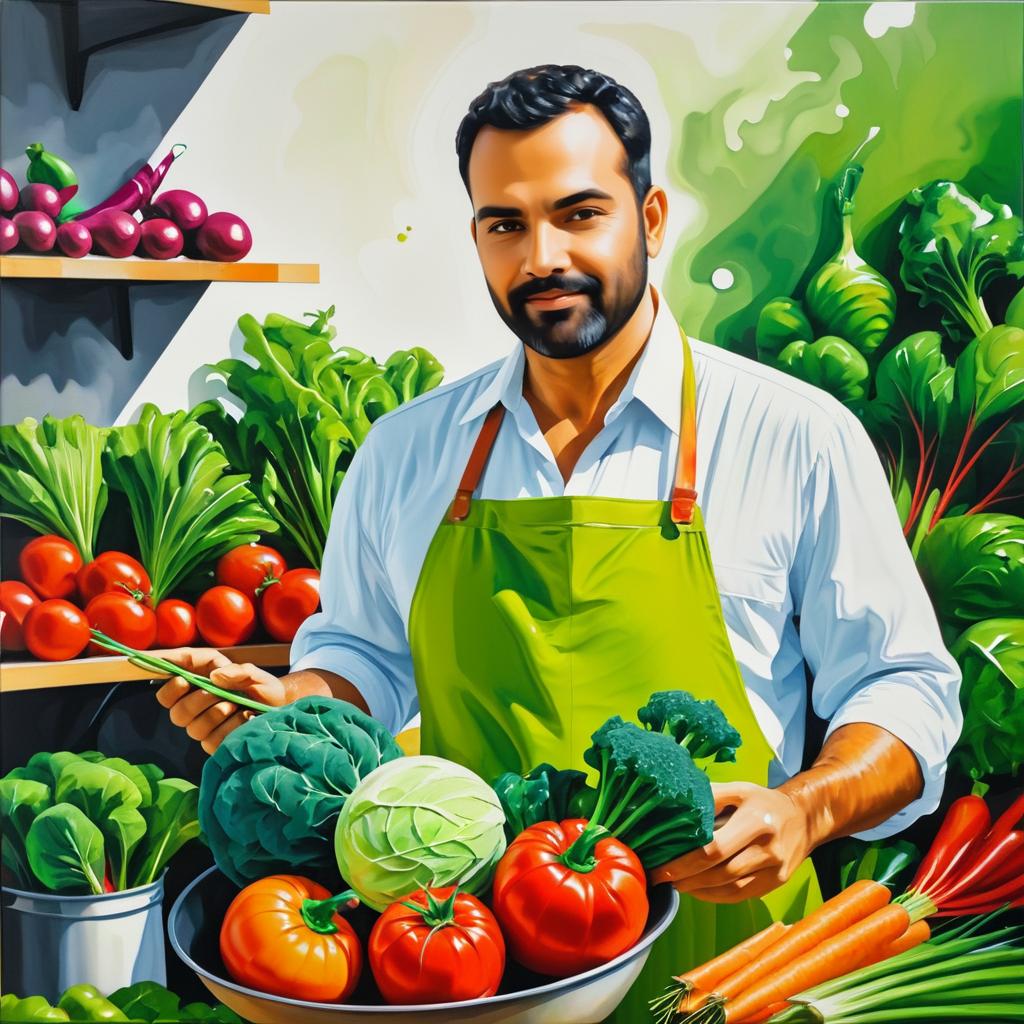 Vibrant Vegetable-Themed Oil Painting of Man